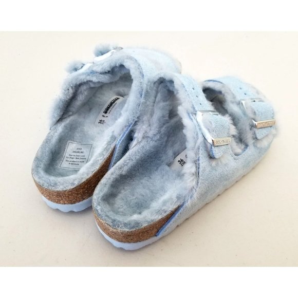 Birkenstock Arizona Shearling Suede Leather in Light Blue Size 36 Narrow - Picture 3 of 5